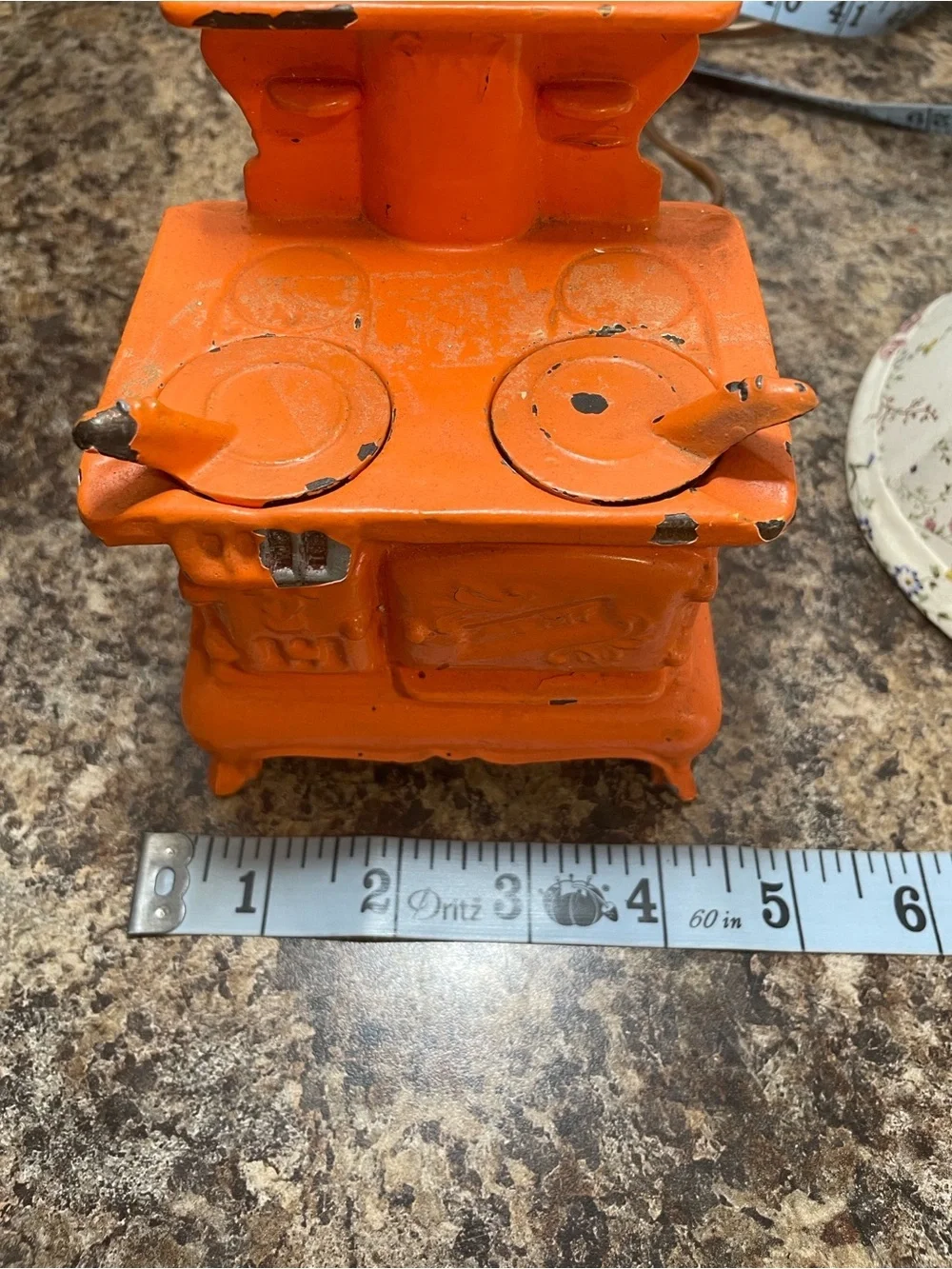 ACME Orange Mini Cast Iron Stove Lantern Vtg Salesmen Sample Floral Fabric Shade